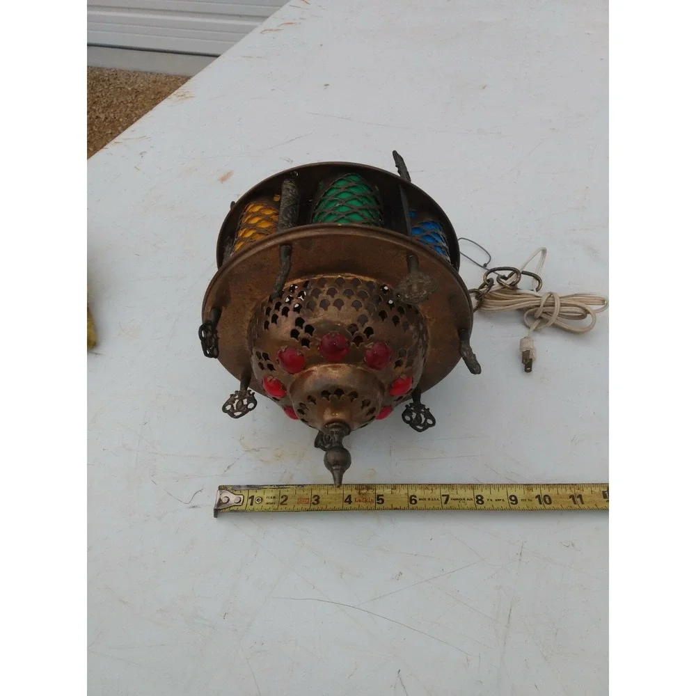 Vintage Moroccan Brass Jeweled Lantern Hanging Swag Lamp Colorful Glass Cabochon